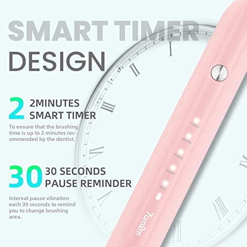 7AM2M Sonic Electric Toothbrush for Adults and Kids, One Charge for 90 Days, with 6 Brush Heads, 5 Modes with 2 Minutes Build in Smart Timer, Roman Column Handle Design (Pink)