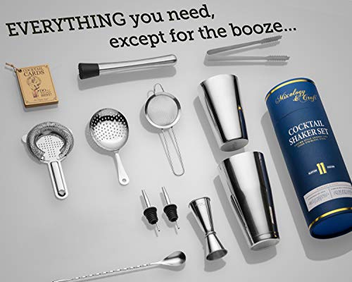 Mixology & Craft Cocktail Shaker Set - 11-Piece Cocktail Making Set w/ Weighted Boston Shaker, Muddler, Spoon & Tongs - Bartender Kit and Cocktail Mixer Gift Set Silver