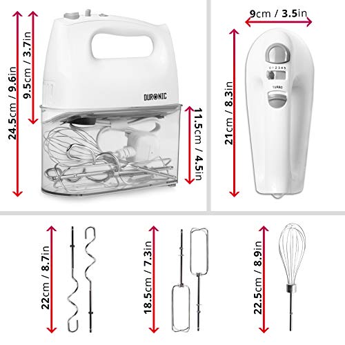 Duronic Hand Mixer for Baking Electric Whisk Handheld HM4W Storage Stand Case White 5 Speed Turbo 400W 2 Beaters 2 Dough Hooks 1 Whisk