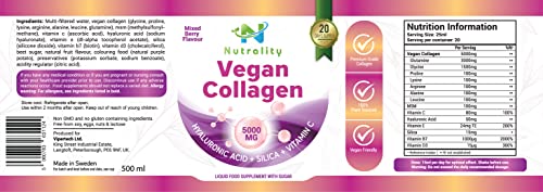 Nutrality Vegan Collagen Liquid Supplement - Premium-grade 5000mg Hydrolyzed Collagen Peptides with Silica, Biotin, Vitamin C, D3, E - Healthy Skin, Hair, Nails, Joints, Muscles - Berry Flavour, 500ml