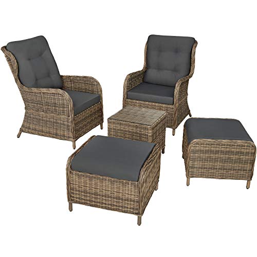 TecTake 800759 Rattan Set, 2x Seats 2x Foot Stools 1x Table with Glass Top, UV-Resistant, Weather-Proof, incl. Cushions (Natural | No. 403352)