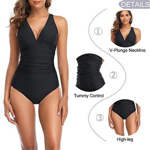 Derssity One Piece Swimsuit Ruched Tummy Control Swimming Costume for Women Plus Size V Neck Swimwear Bikini Bathing Suit(Black,M)