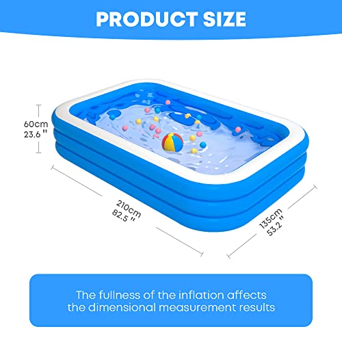 GALAXYER Inflatable Paddling Pool, 3 Rings Large Rectangular Family Swimming Center for Kids Toddlers Adult, Indoor Outdoor Garden Swimming Pool, 210 × 135 × 60 CM