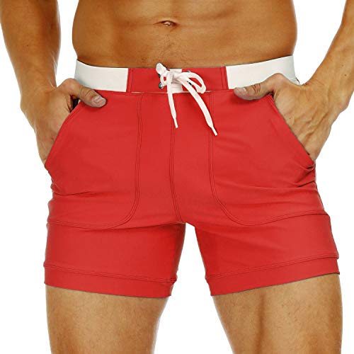 KEFITEVD Men's Quick Dry Swim Trunks Beach Surf Shorts Sexy Slim Stretchy Spa Briefs Elastic Waist Short Board Pants , Red, 34