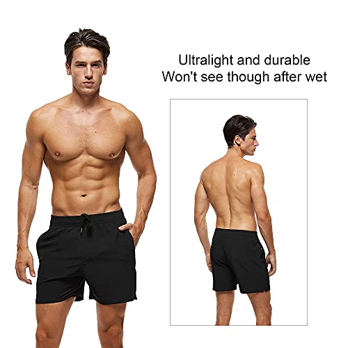 Arcweg Men's Swim Trunks Mens Board Shorts with Zipper Pockets Surfing Stretchy Beach Shorts Breathable Mesh Lining Quick Dry Black M(UK)