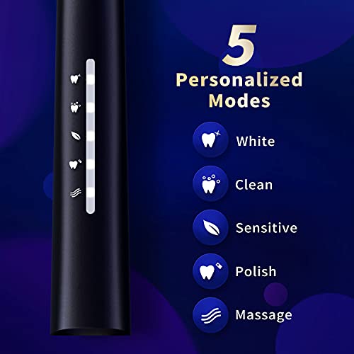 Sonic Electric Toothbrush, Rechargeable Power Toothbrush with 8 Duponts Brush Heads, Sonic Toothbrushes 40000Vpm with 2 Minute Smart Timer, 5 Modes with Teeth Whitening, Gift for Family, Black