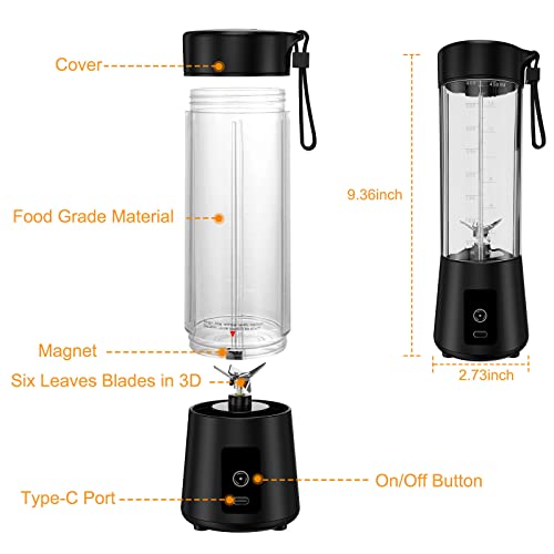 Portable Blender,POYET Blender Smoothie Maker,Mini Blenders for Smoothies and Shakes,400ML Fresh Juice Blender Bottle, 4000mAh Personal Blender USB Rechargeable for Travel Kitchen (Black)