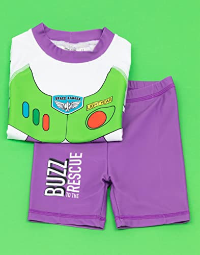 Disney Pixar Toy Story Buzz Lightyear Swimsuit for Boys | Purple Green Rescue Two-Piece Top Shorts Bathing Suit Swim Set | Kids Space Ranger Swimwear