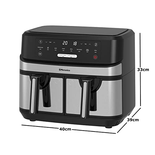 EMtronics EMAFDD9LSL Dual Air Fryer Extra Large Family Size Double XL 9 Litre with 8 Pre-Set Menus for Oil Free & Low Fat Healthy Cooking, Easy Clean Metal Interior, 99-Minute Timer - Stainless Steel