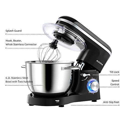 Aucma Stand Mixer, 6.2L Food Mixers for Baking, Electric Kitchen Mixers with Bowl, Dough Hook, Wire Whip & Beater (6.2L, Black)