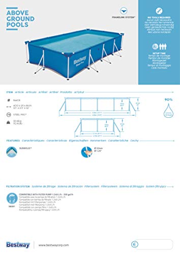 Bestway 56405 Steel Pro Family Pool - Steel Frame Swimming Pool - Blue, 400 x 211 x 81 cm