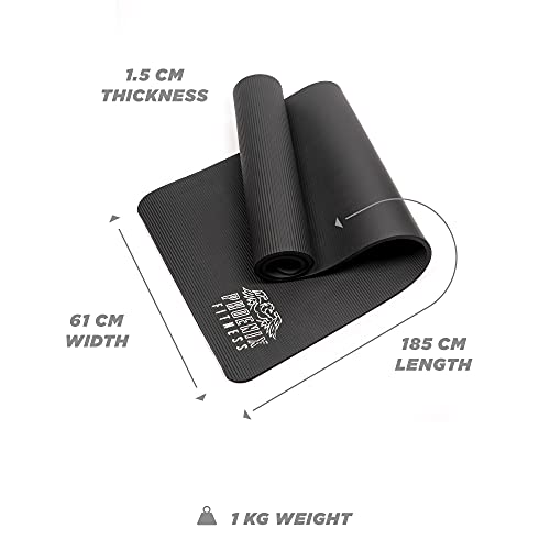 Phoenix Fitness RY1068 Exercise NBR Fitness Yoga Mat - Double Sided Anti Slip High Density Floor Mat, 185 x 61 cm - 15mm Thickness, Carry Strap, Black