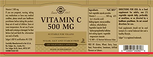 Solgar 500 mg Vitamin C Vegetable Capsules - Pack of 100 - Seasonal Immunity Support - Potent Antioxidant - Reduces Tiredness and Fatigue - Collagen Formation - Vegan