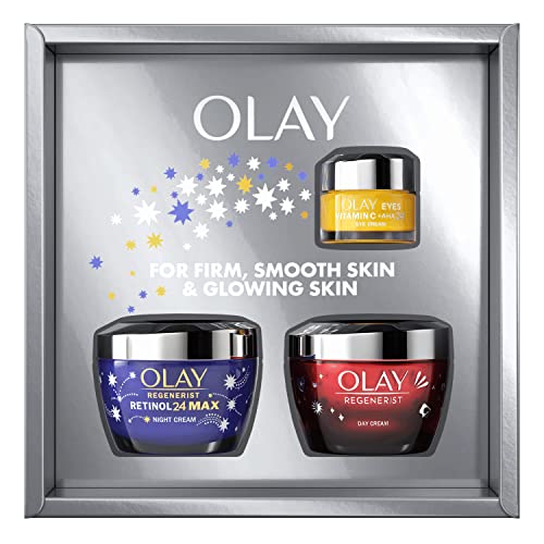 Olay Moisturiser Gift Box, Womens Skin Care Gift Sets & Kits, Vitamin C + AHA 24 Eye Cream 15ml, Retinol 24 MAX Night Cream 50ml & Regenerist Face Cream 50ml for Smooth & Glowing Skin