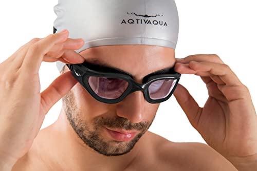 AqtivAqua Swimming Goggles Adult Swim Goggles Mens Women Ladies Childrens Kids Boys Girls Wide View DX (Clear-Lenses All Black-Frame)