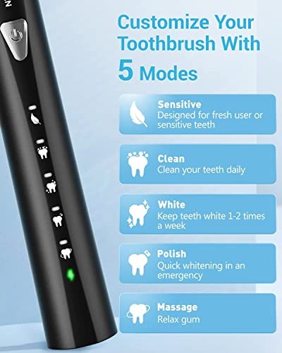 Sonic Electric Toothbrush for Adults and Kids - PHYLIAN H7 Rechargeable Whitening Toothbrush with 8 Duponts Brush Heads, 5 Modes, 3 Hours Fast Charge for 120 Days (Black)