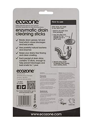 EcoZone Drain Cleaning Sticks, Enzymatic Pipe Unblocker, Prevents Plug Hole Obstructions and Keeps Water Flowing Freely, Natural Vegan and Non Toxic Kitchen and Bathroom Treatment Kit (x 12)