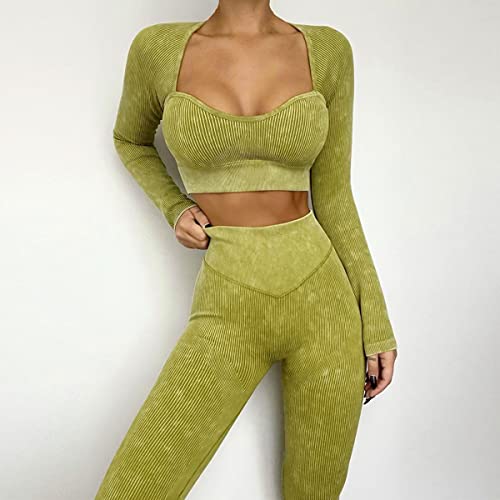 Workout Sets for Women 2 Piece Seamless Sweetheart Neck Long Sleeve Crop Top Ribbed High Waist Leggings Yoga Outfits Activewear Sport Gym Wear Clothes Olive Small