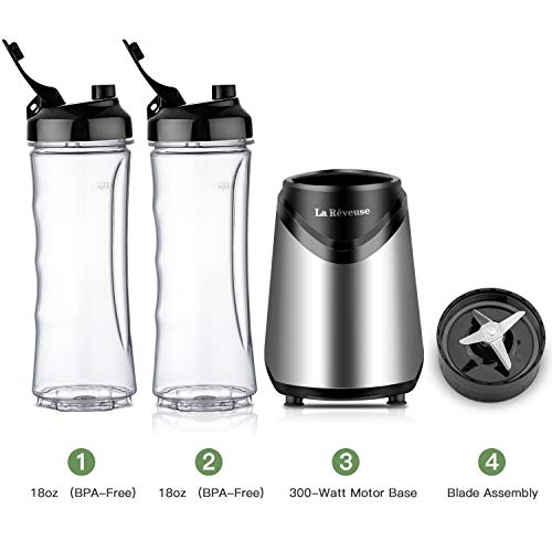 La Reveuse Smoothie Blender Personal Size with 2 BPA Free Portable Travel Sports Bottles (550ml),300 Watts,Silver (Silver)