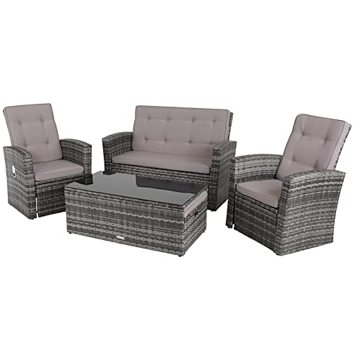 TecTake 801040 Garden rattan furniture set | Outdoor 6 seater polyrattan coffee table and chairs | Patio sofa, 2 armchairs and 2 stools with cushions (Grey)