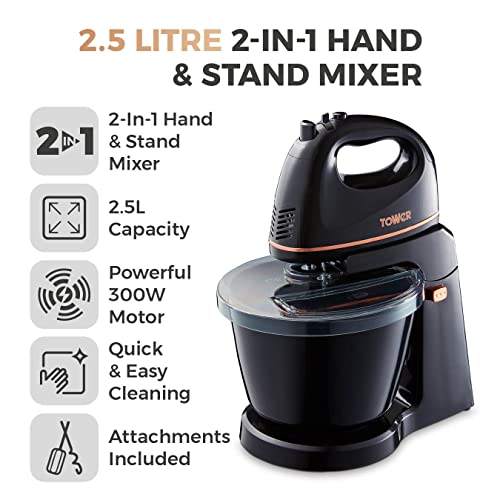 Tower T12039 Rose Gold 2-in-1 Hand & Stand Mixer, 2.5L, 300W, Black