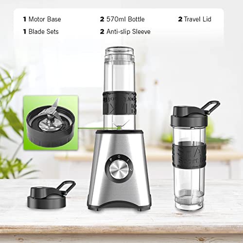 Blender Smoothie Maker with 3 Adjustable Speeds, 500W Smoothie Blender, Personal Blender with 2 BPA Free Portable Blending Bottle (570ml) for Milkshakes, Baby Food, Fruit, Vegetables, Ice, Kitchen