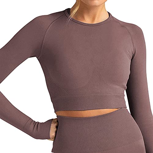 Jetjoy Gym Set for Women 2 piece Outfits Workout Set Gym Clothes for Womens Seamless Long Sleeve Tops and High Waist Leggings Activewear Sets