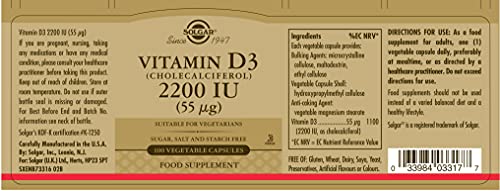 Solgar Vitamin D3 (Cholecalciferol) 2200 IU (55 µg) Vegetable Capsules - Pack of 100 - Healthy Bones and Teeth - Supports Immunity and Muscle Function - Vegetarian