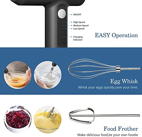 Cordless Hand Mixer, LHBD Electric Whisk USB Rechargeable Handheld Electric Mixer with 3-speed Self-Control, 304 Stainless Steel Beaters & Balloon Whisk, for Gifts, Butter Tarts, Cakes, Cookies