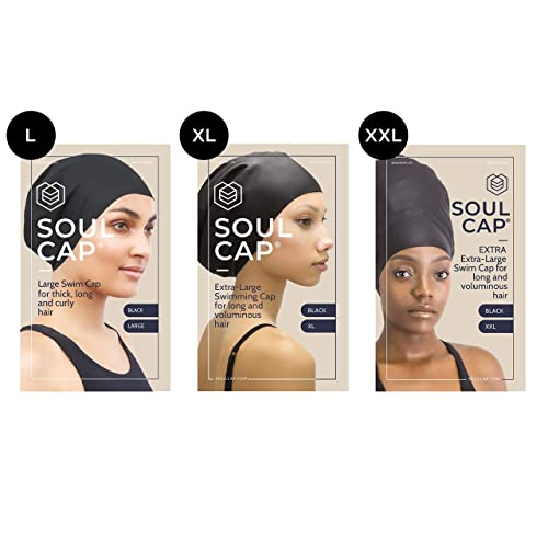 SOUL CAP – Large Swimming Cap for Long Hair - Designed for Long Hair, Dreadlocks, Weaves, Hair Extensions, Braids, Curls & Afros - Women & Men - Silicone (Large, Black)