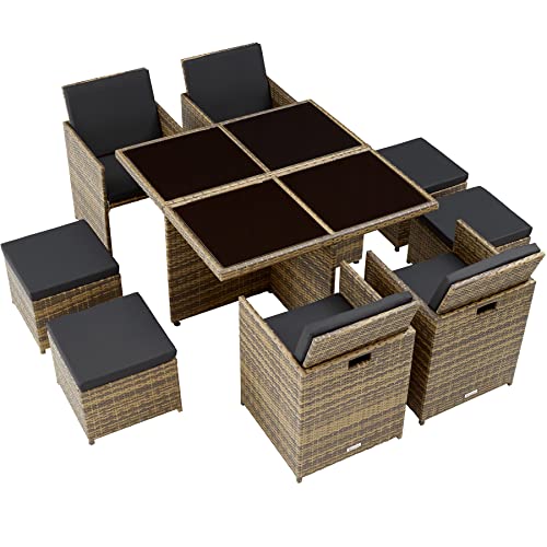 TecTake 800857 Rattan Aluminium Garden Dining Cube Set 4+4 Seats + 1 Table incl. Protection Slipcover + 2 Sets for Exchanging Upholstery, Stainless Steel Screws (Natural)