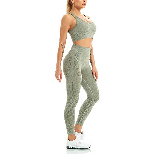 WodoWei Women 2 Piece Workout Outfits Sports Bra Seamless Leggings Yoga Gym Activewear Set, Khaki Grey Marl, Small