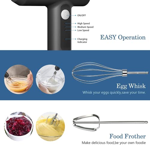 Hand Mixer, LHBD Cordless Electric Whisk Portable Handheld Electric Mixer with 3-speed Self-Control, 304 Stainless Steel Beaters & Balloon Whisk, for Whipping, Mixing,Pudding, Cookies, Cakes, Batters