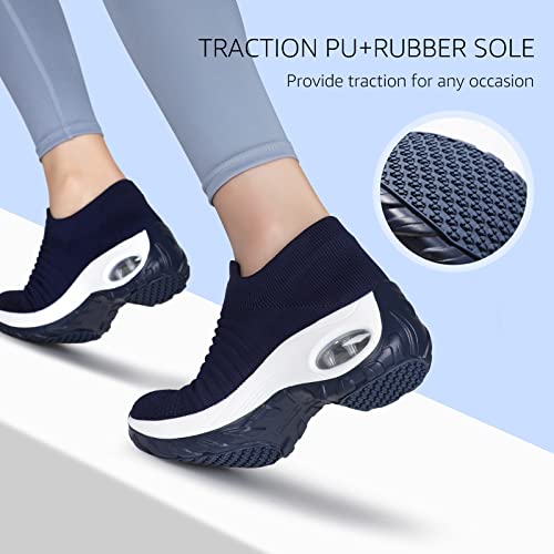 Womens Walking Slip on Platform Shoes Wide Fit Trainers Air Cushion Sneakers Fashion Loafers Shoes Gym Fitness Jogging Sports Shoes Navy UK3(1839shenlan35)