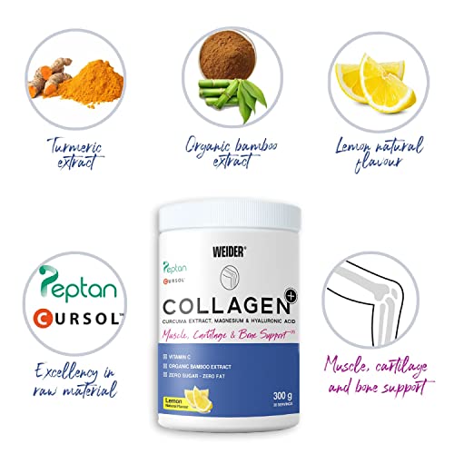 Weider Collagen Plus. Powder Preparation with Collagen peptides (Peptan), hyaluronic Acid, Magnesium and Vitamin C. 100% Peptan. Fat Free. Sugar Free. Keto. 300g