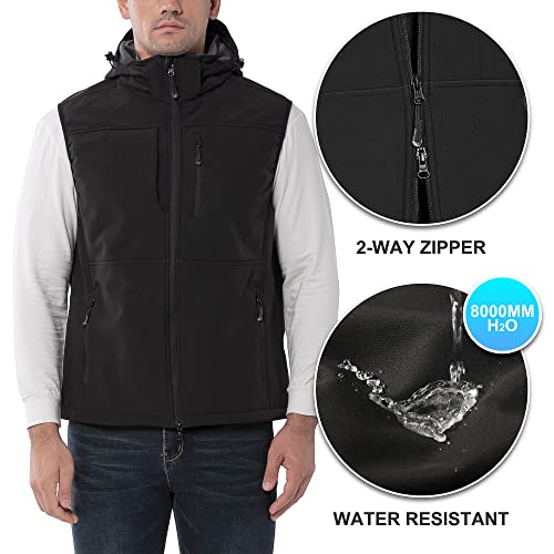 33,000ft Mens Softshell Gilet Activewear Vests Windproof Fleece Lined Outerwear Zipped Pockets Sleeveless Softshell Jacket for Leisure, Golf, Travelling Black (Hood) XL