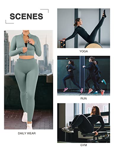 FeelinGirl Women's 2 Piece Long Sleeve Workout Gym Outfits Seamless Activewear Crop Top and Leggings Set Yoga Sportswear with Two-way Zipper Top Green S