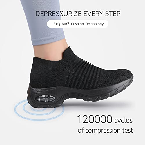 STQ Slip On Lightweight Platform Loafers Sneakers Working Walking Trainers Gym Shoes Wide Fit Comfort Loafers Shoes, All Black, 6.5 UK