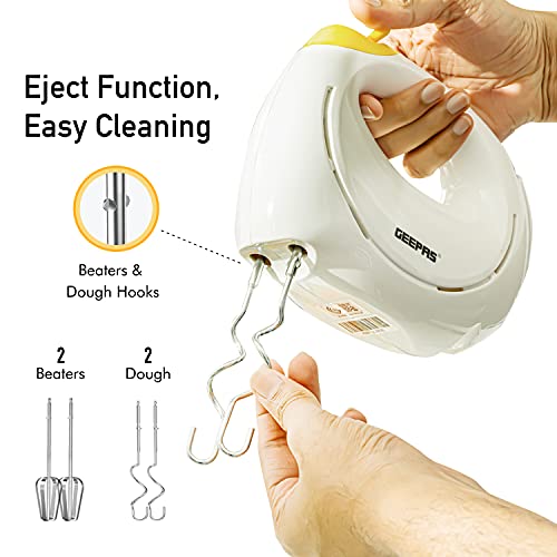 Geepas 150W Hand Mixer - Electric Whisk, Handheld Food Collection Cake Mixer for Baking - 7 Speed Turbo & Eject Button, Stainless Steel Beaters & Dough Hooks for Whipping Cream Dough Egg Beater, White