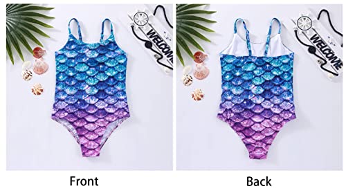 Xumplo Girls Swimming Costume Toddler One Piece Mermaid Swimwear Off Shoulder Swimsuits Beach Bathing Suit for Kids 8-10Years Purple