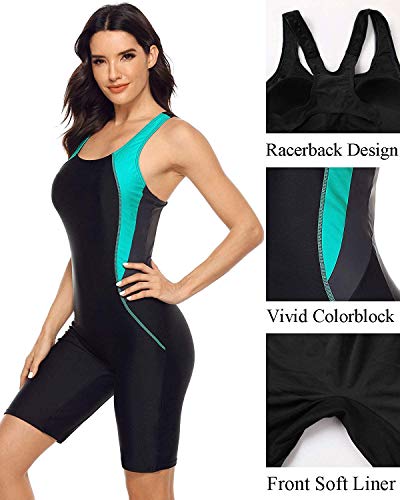 CharmLeaks Women's Sports One Piece Racerback Swimming Costume Boyleg Athletic Bathing Suit Black/Aqua