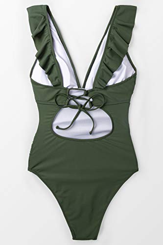 CUPSHE Women One Piece Swimsuit Ruffled Lace Up Beach Swimwear Tummy Control Swimming Costume Bathing Suit Green M