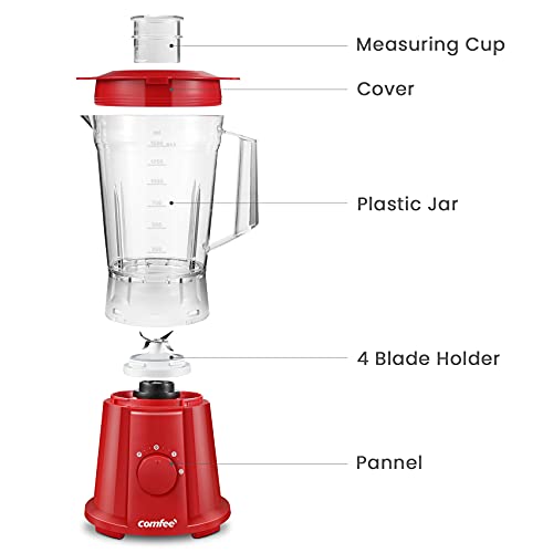 COMFEE' Blender Smoothie Maker, 1.5 Litre Blender Mixer Food Processor, 600W Red