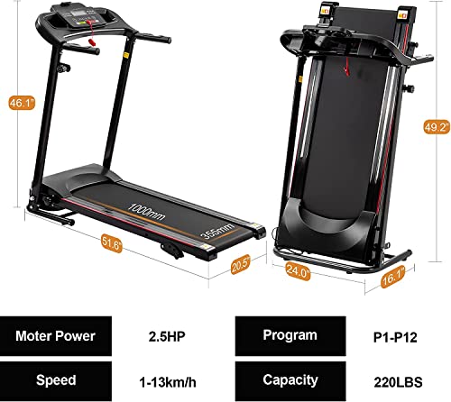 LIVSPO Folding Treadmill with Incline 2.5HP 12KM/H Electric Treadmill for Home Foldable Bluetooth Music Cup Holder Heart Rate Sensor Walking Running Machine for Indoor Home Gym Exercise Fitness…