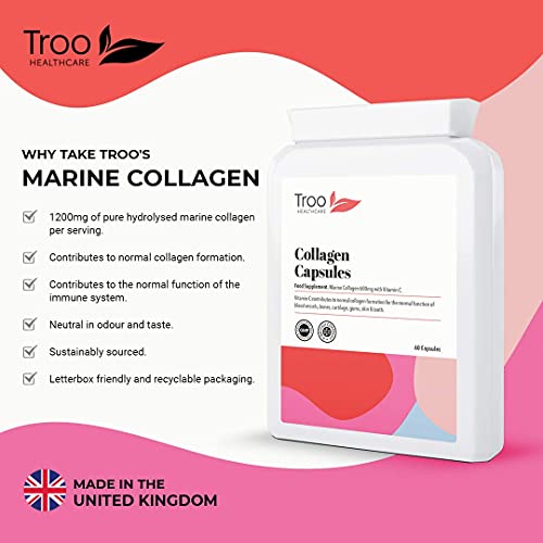 Troo Marine Collagen Supplement - 60 High Strength Capsules 1200mg Serving - Hydrolysed Marine Collagen Peptides with Vitamin C to Support Healthy Skin - UK Manufactured to GMP Standards