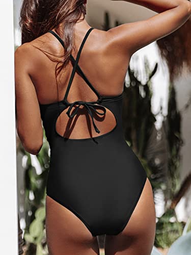 CUPSHE Women's One Piece Swimsuit High Neck Beach Swimwear Ruched Tummy Control Bathing Suit Swimming Costume Black M