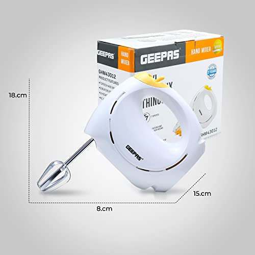 Geepas 150W Hand Mixer - Electric Whisk, Handheld Food Collection Cake Mixer for Baking - 7 Speed Turbo & Eject Button, Stainless Steel Beaters & Dough Hooks for Whipping Cream Dough Egg Beater, White