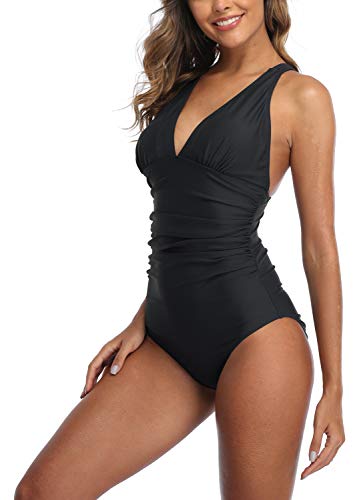 Derssity One Piece Swimsuit Ruched Tummy Control Swimming Costume for Women Plus Size V Neck Swimwear Bikini Bathing Suit(Black,M)