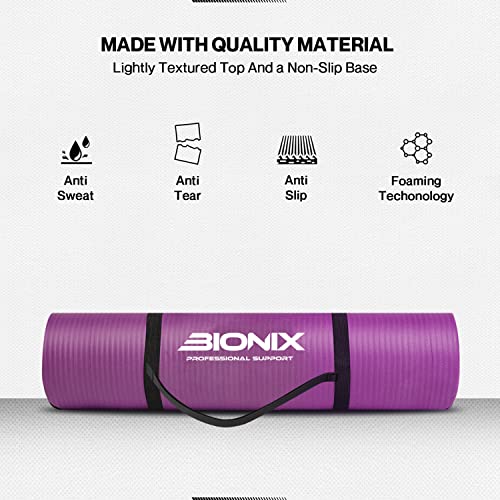 Bionix Yoga Mat for Exercise - 180cm x 60cm Extra Thick NBR Exercise Mat for Men and Women - Non Slip Gym Mat with Carry Handle Strap for Camping, Home Gym, Pilates and Gymnastic Workout - Purple