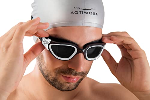 AqtivAqua Swimming Goggles Adult Swim Goggles Mens Women Ladies Childrens Kids Boys Girls Wide View DX (White, Shade)